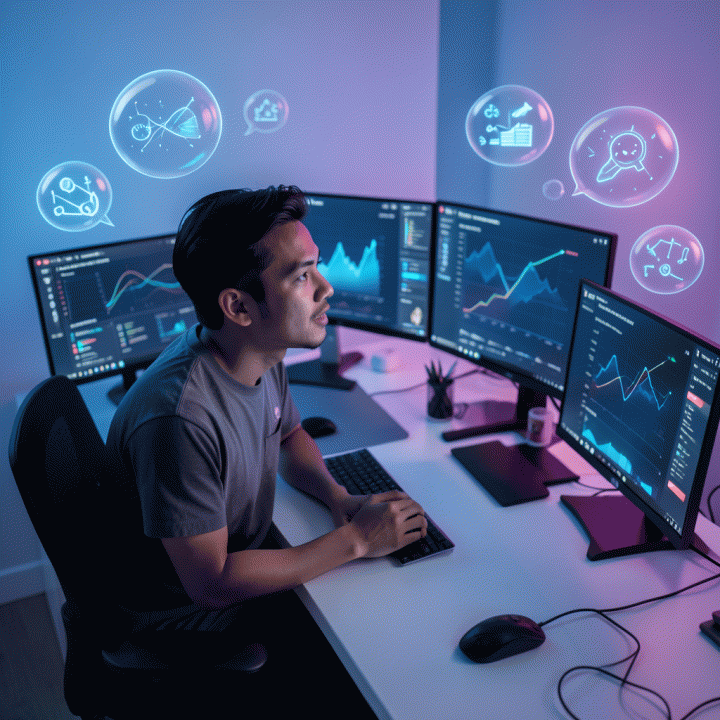 Seorang content creator modern di meja kerjanya yang penuh ide digital, dikelilingi visualisasi data abstrak tentang viralitas dan hook konten untuk media sosial.
