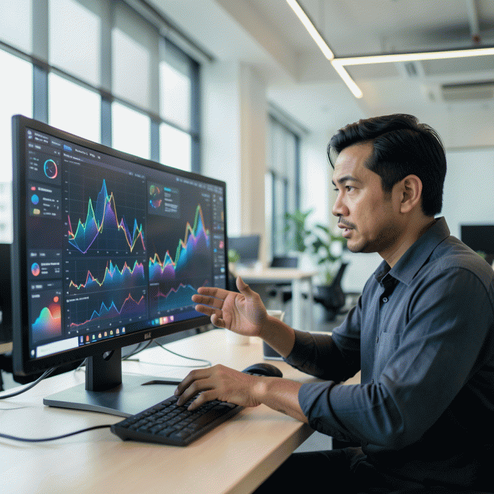 Seorang pemasar digital profesional di ruang kerja modern, berinteraksi dengan antarmuka AI yang menampilkan data dan ide iklan kreatif yang kompleks.