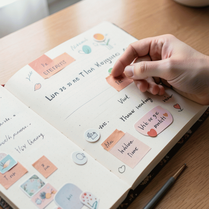 Tangan sedang mendekorasi halaman jurnal dengan washi tape dan stiker, menunjukkan estetika jurnal yang terorganisir.