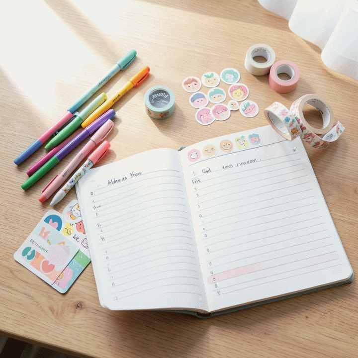 Flat lay komposisi perlengkapan jurnal estetik yang terorganisir, termasuk pensil warna, washi tape, dan stiker dekoratif di atas meja kayu alami yang cerah.