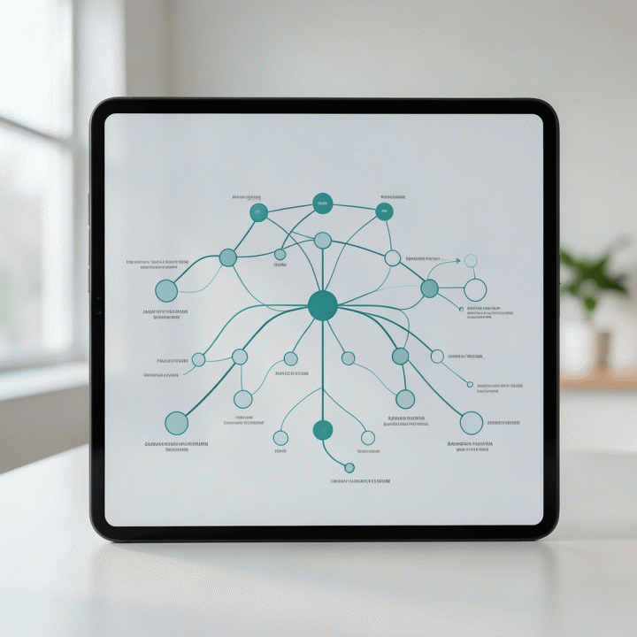Visualisasi silsilah keluarga digital yang rapi dan terstruktur pada tablet modern.