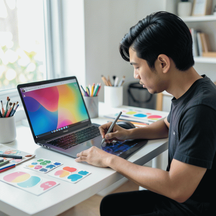 Seorang content creator muda di ruang kerja modern yang sedang menggunakan tablet digital, dikelilingi oleh stiker digital dan aset desain, menggambarkan proses kreasi konten Instagram yang estetik dan profesional.