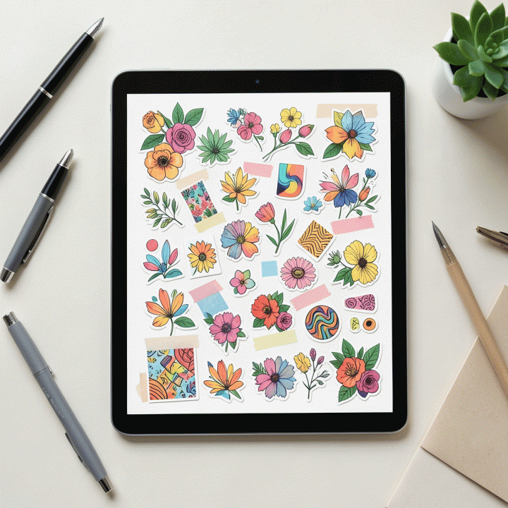 Komposisi flat lay yang menunjukkan tata letak jurnal digital yang dipercantik dengan stiker premium dan elemen dekoratif, menonjolkan kreativitas dan produktivitas.
