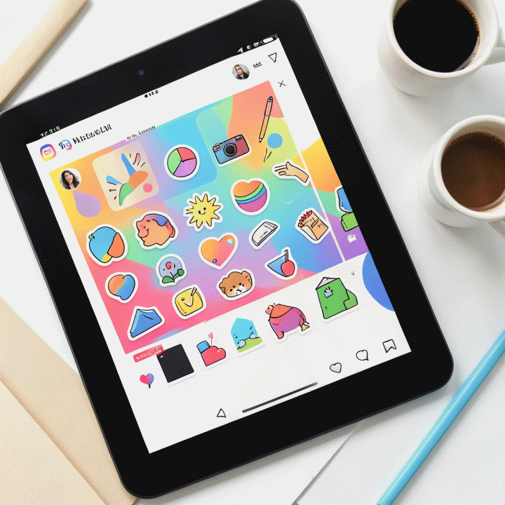 Tampilan close-up dari layar tablet digital yang menampilkan mockup antarmuka Reels dengan berbagai aset stiker digital yang disusun secara artistik.