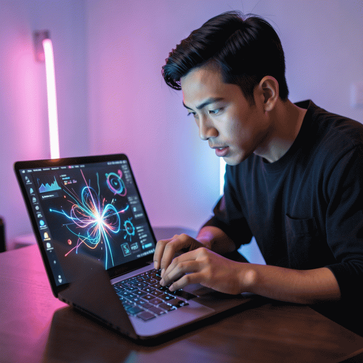 Seorang kreator konten muda yang fokus dan bersemangat di depan laptop, melambangkan ide-ide kreatif dan konten viral untuk YouTube Shorts.