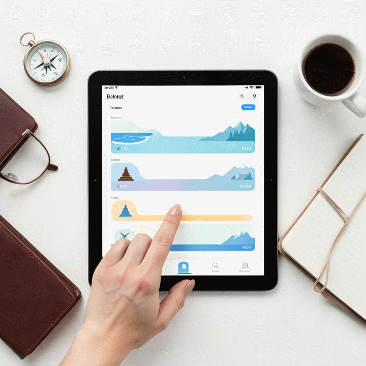 Tangan menggunakan aplikasi travel planner di tablet, menampilkan jadwal perjalanan yang terorganisir di tengah perlengkapan perjalanan lainnya.