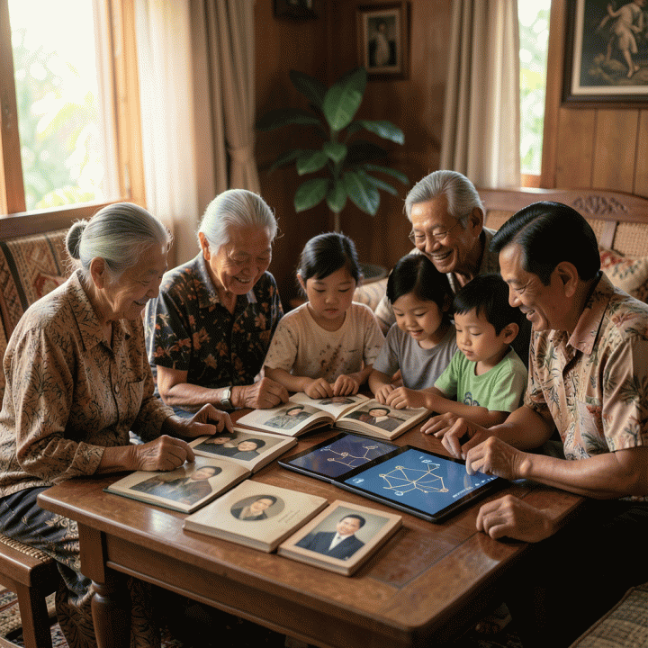 Keluarga multi-generasi Indonesia berkumpul dengan hangat, melihat album foto dan diagram silsilah keluarga di meja, menciptakan suasana kebersamaan yang intim dan berkesan.