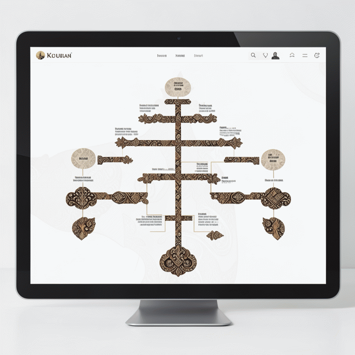 Diagram silsilah keluarga yang indah dan abstrak, menampilkan koneksi antargenerasi dengan motif budaya Indonesia, ditampilkan secara digital.
