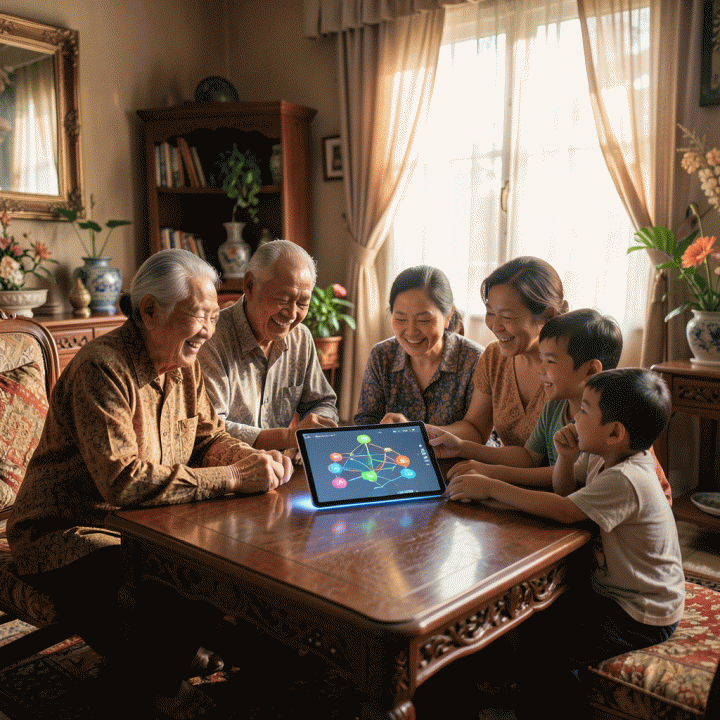 Keluarga multi-generasi Indonesia yang hangat berkumpul di ruang tamu tradisional, berinteraksi dengan tablet digital yang menampilkan diagram silsilah keluarga yang berwarna dan terstruktur, melambangkan perayaan dan pelestarian warisan keluarga.