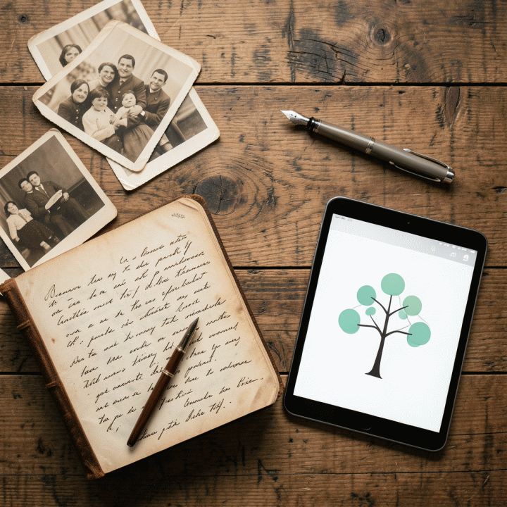 Tata letak datar (flat lay) yang menampilkan foto keluarga lama, jurnal usang, dan tablet digital yang menampilkan diagram silsilah keluarga, melambangkan proses dokumentasi.