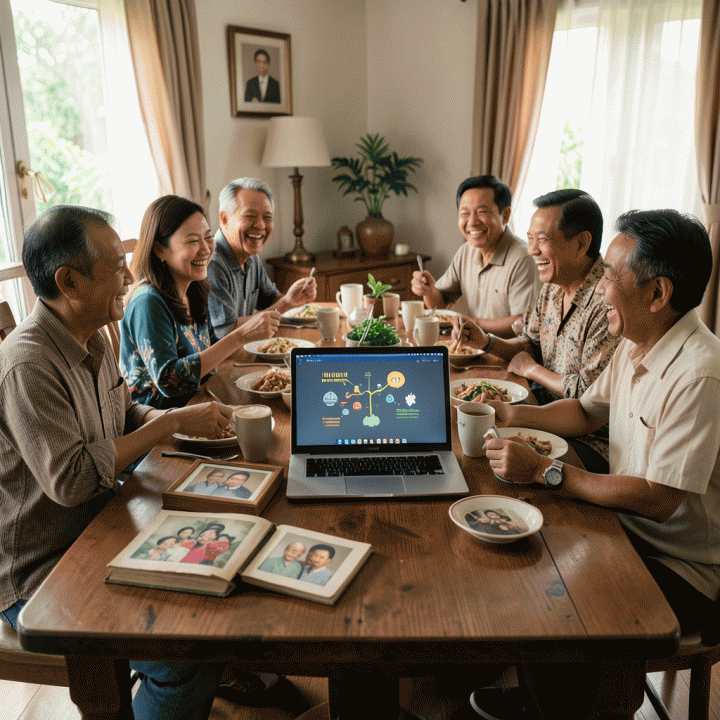 Keluarga Indonesia sedang berkumpul makan bersama sambil menelusuri album foto dan merayakan momen kebersamaan.