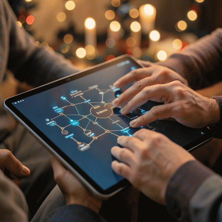 Tangan dari berbagai generasi yang berinteraksi dengan silsilah keluarga digital pada tablet, melambangkan warisan dan koneksi keluarga.