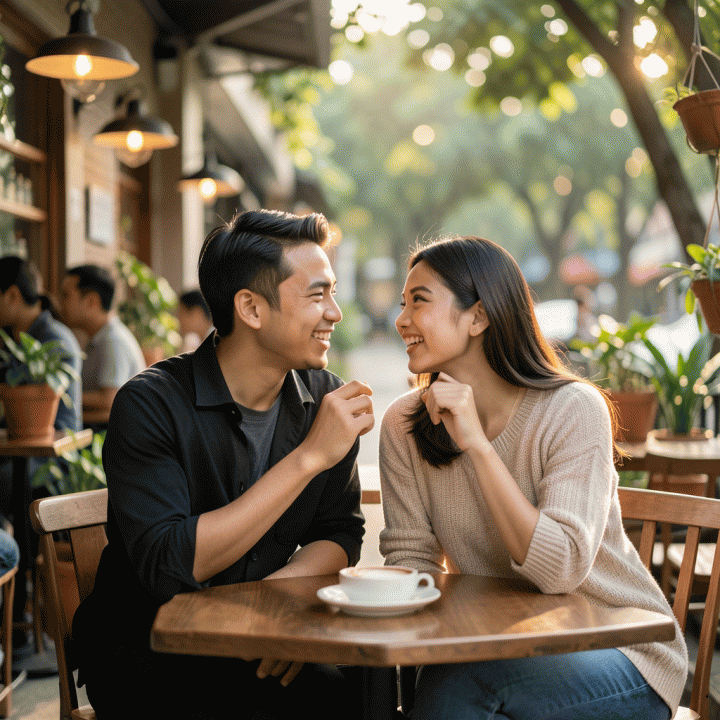 Contoh foto editan photobox pasangan Indonesia yang unik dan artistik, menunjukkan pose natural dan bahagia.