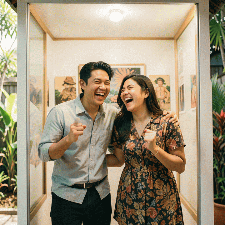 Foto photobooth sinematik pasangan muda Indonesia yang sedang tertawa bahagia, dengan estetika editan unik dan profesional.
