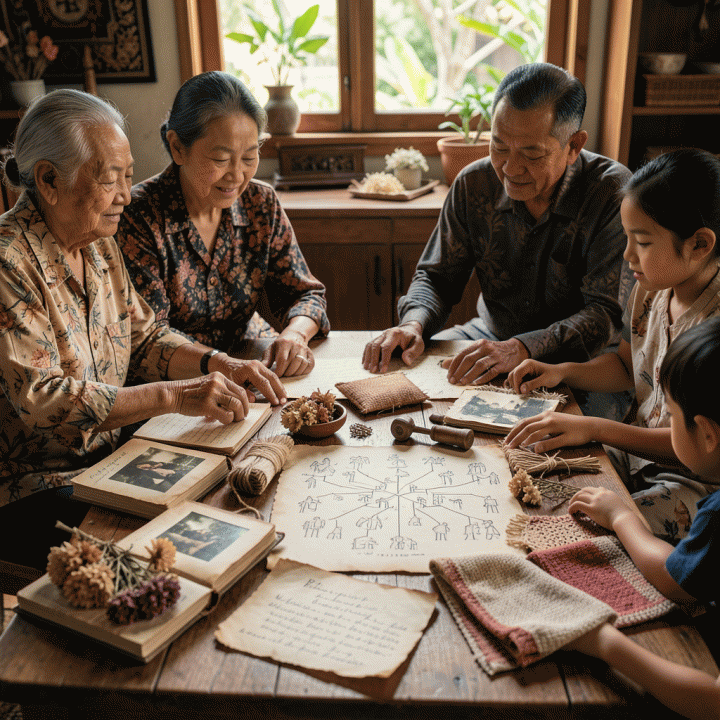 Keluarga multi-generasi Indonesia berkumpul di sekitar meja kayu yang dipenuhi artefak sejarah dan bahan kerajinan, melambangkan pelestarian warisan keluarga.