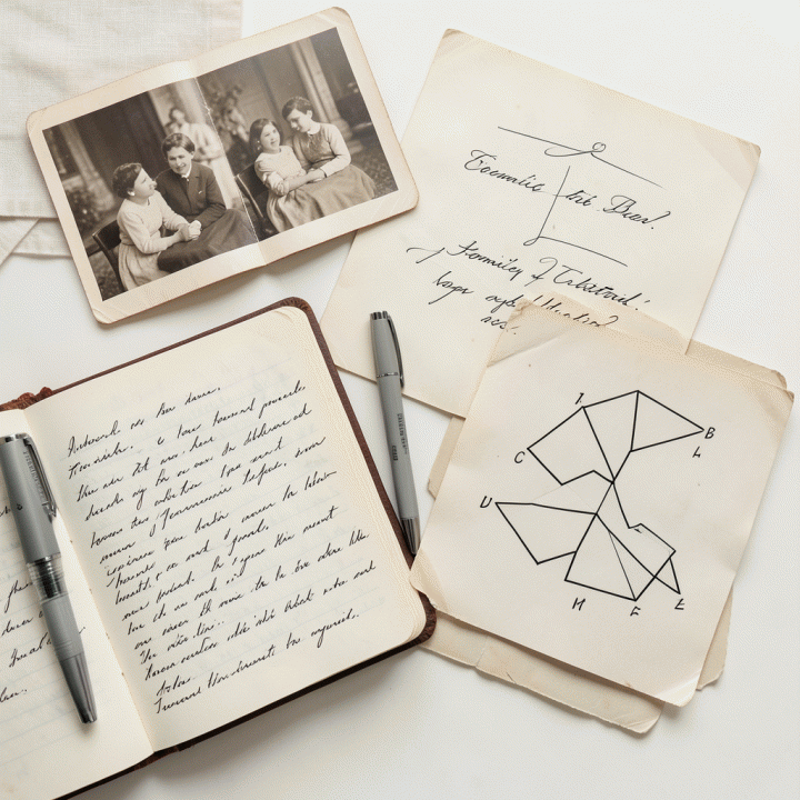 Susunan flat lay dari materi proyek sejarah keluarga, termasuk foto vintage, jurnal, dan diagram silsilah abstrak.