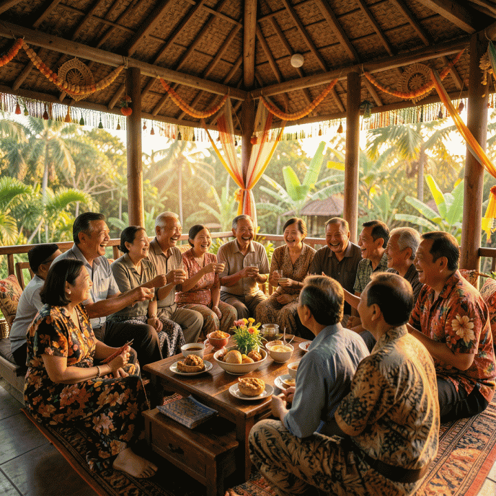 Suasana hangat dan ceria reuni keluarga besar multi-generasi Indonesia di pendopo saat golden hour, menunjukkan kebahagiaan dan momen kebersamaan yang tak terlupakan.