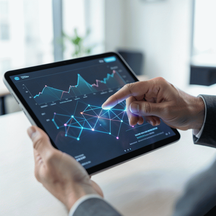 Tangan seorang founder berinteraksi dengan tablet futuristik yang menampilkan visualisasi data kompleks, melambangkan riset pasar dan pengembangan model bisnis menggunakan AI.