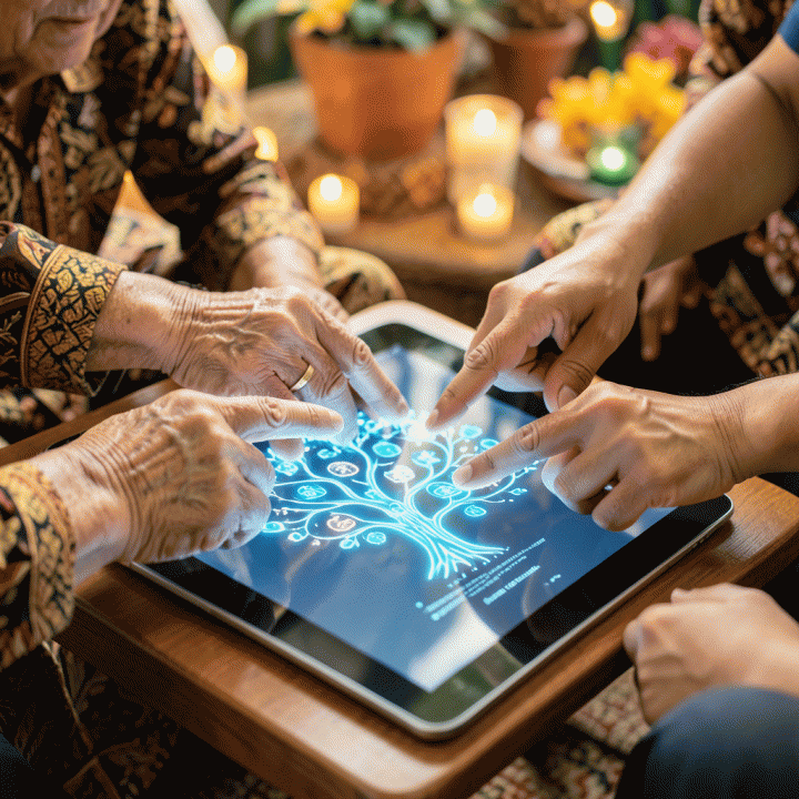 Tangan dari berbagai generasi menyentuh visualisasi pohon keluarga digital yang bercahaya, melambangkan koneksi silsilah keluarga yang dilestarikan secara modern.
