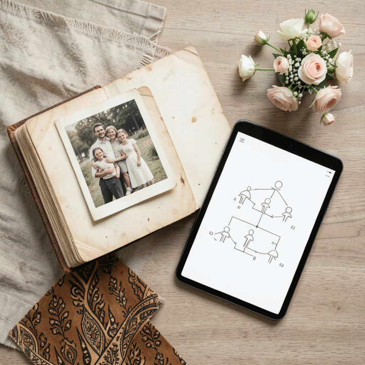 Foto tata letak (flat lay) yang menampilkan simbol-simbol warisan keluarga: album foto antik, tablet digital dengan bagan silsilah abstrak, dan batik, menunjukkan perpaduan masa lalu dan masa kini.