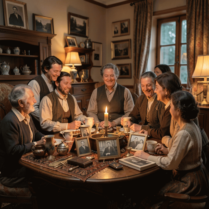 A warm, photorealistic image of a family gathering celebrating a historical theme with vintage artifacts and photographs.