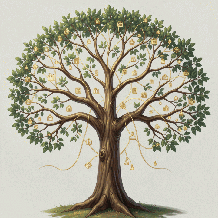 Stylized visualization of an elegant family tree connecting different generations.