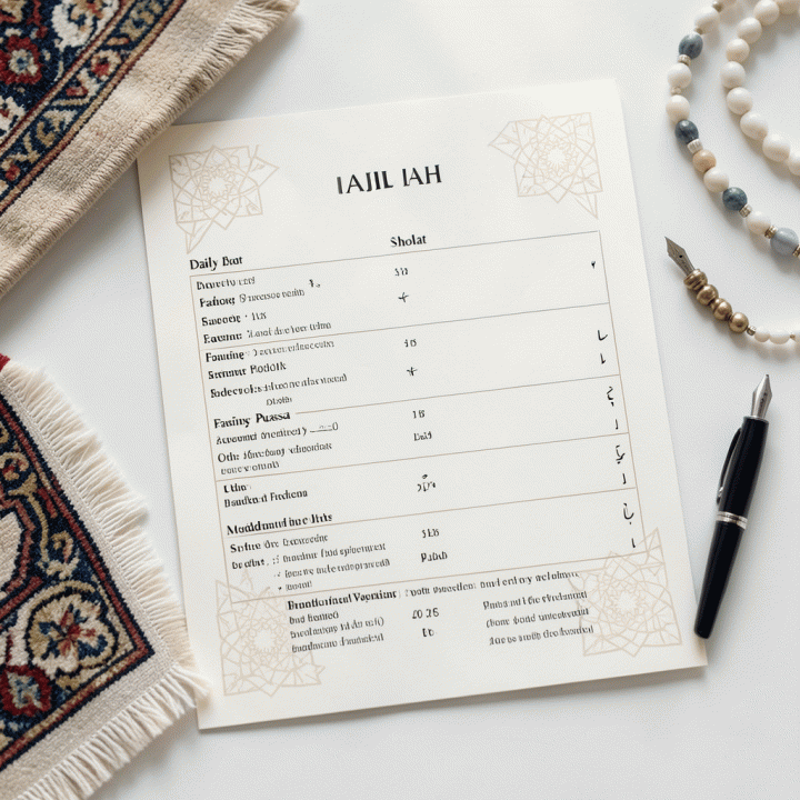 Flat lay panduan template habit tracker ibadah yang rapi dan minimalis, diletakkan bersama tasbih dan buku catatan, memberikan kesan spiritual dan terorganisir.