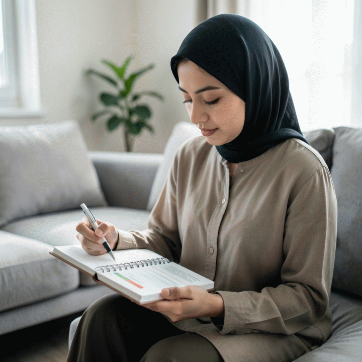 Seorang wanita muda Muslim yang sedang mengisi dan menandai progres ibadah di jurnal habit tracker dengan fokus dan tenang.