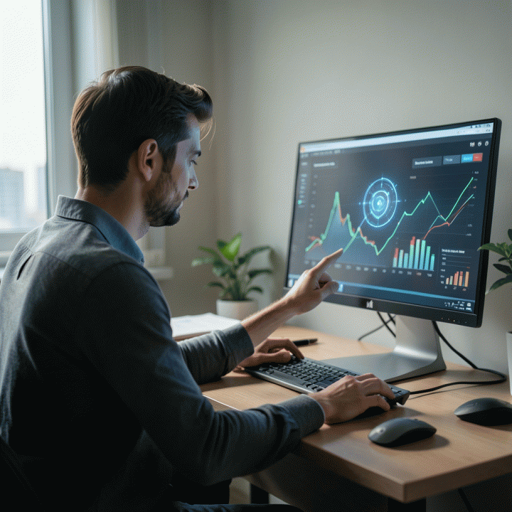 Founder using an AI assistant interface to visualize market research and business strategy data for business planning.