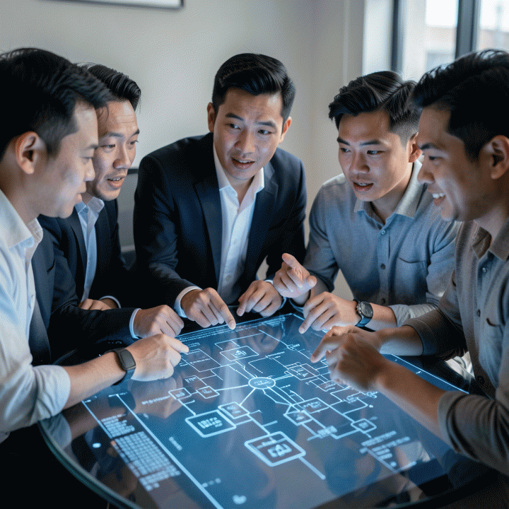 Tim profesional Indonesia berdiskusi di sekitar proyeksi holografik yang menampilkan kerangka model bisnis digital yang kompleks dan terstruktur, menunjukkan kolaborasi dalam ideasi.