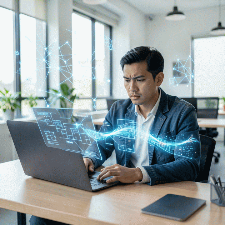 Seorang founder muda Indonesia yang bersemangat bekerja di meja modern, dikelilingi oleh visualisasi data dan ide digital bercahaya dari antarmuka AI futuristik, menunjukkan proses mengubah ide abstrak menjadi rencana bisnis yang konkret.