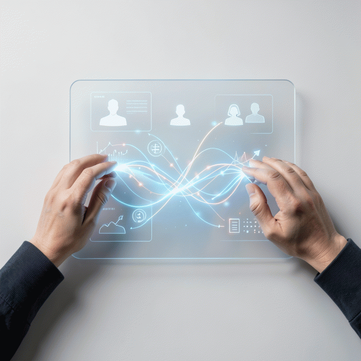 Tangan manusia berinteraksi dengan antarmuka digital abstrak yang menampilkan visualisasi segmentasi pasar dan persona pengguna, menunjukkan riset pasar dengan bantuan AI.