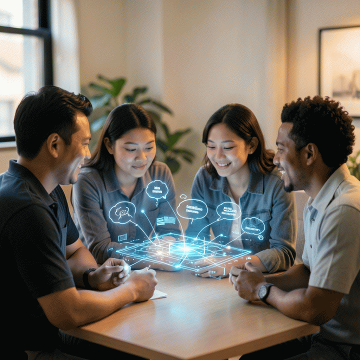 Sebuah adegan sinematik yang menampilkan tim startup Indonesia yang kolaboratif di sekitar antarmuka holografik yang menunjukkan transformasi ide mentah menjadi rencana bisnis digital yang terstruktur.