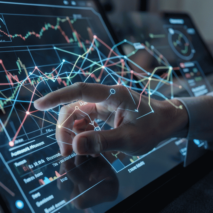 Tangan founder berinteraksi dengan antarmuka AI futuristik yang mengubah data kompleks menjadi model bisnis yang jelas.