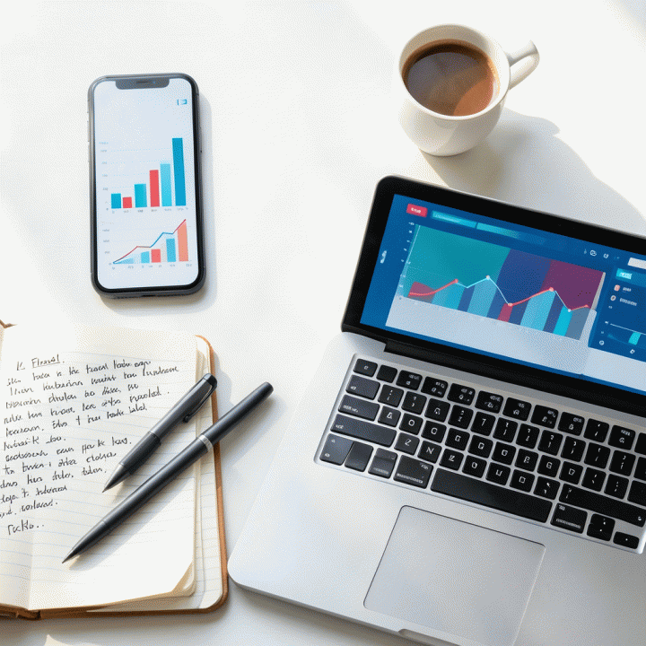 Komposisi flat lay modern yang menampilkan elemen-elemen startup seperti buku catatan, tablet dengan visualisasi data abstrak, dan laptop yang menunjukkan kemajuan perencanaan bisnis.