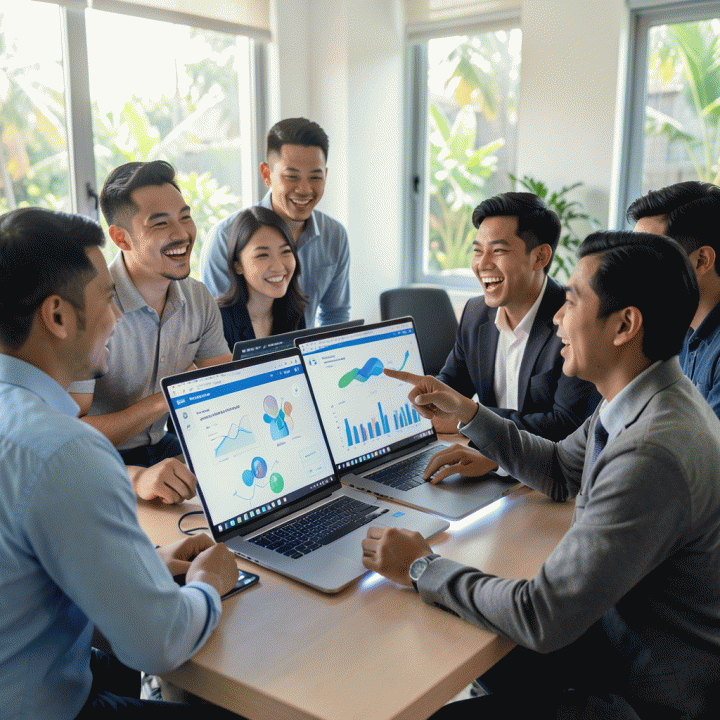 Sekelompok profesional muda Indonesia yang bersemangat di workstation modern, dikelilingi visualisasi data AI tentang peluang bisnis dan pertumbuhan pasar kreatif digital.