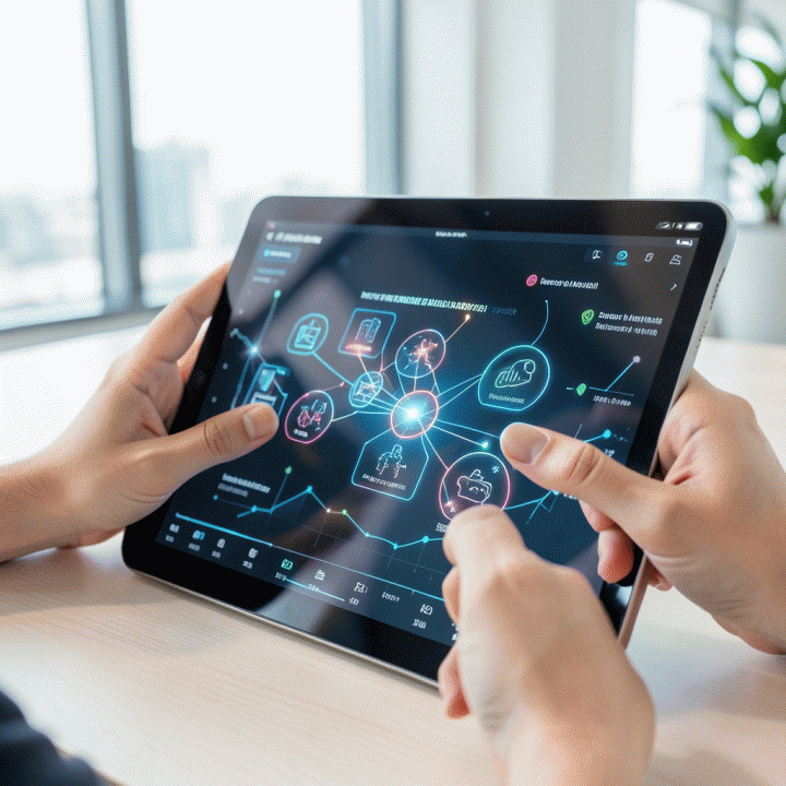 Tangan yang berinteraksi dengan layar sentuh menampilkan hasil analisis data pasar digital dan cluster ide produk bisnis yang potensial menggunakan bantuan AI.