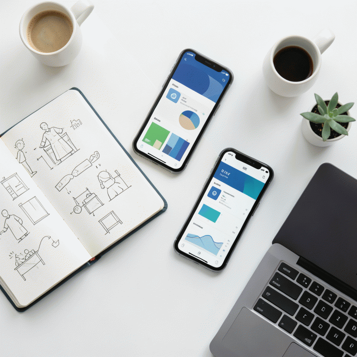 Tampilan datar yang menampilkan alat-alat startup dan kreativitas digital seperti buku catatan berisi ide, ponsel pintar dengan dashboard abstrak, dan laptop, menandakan proses perencanaan bisnis.