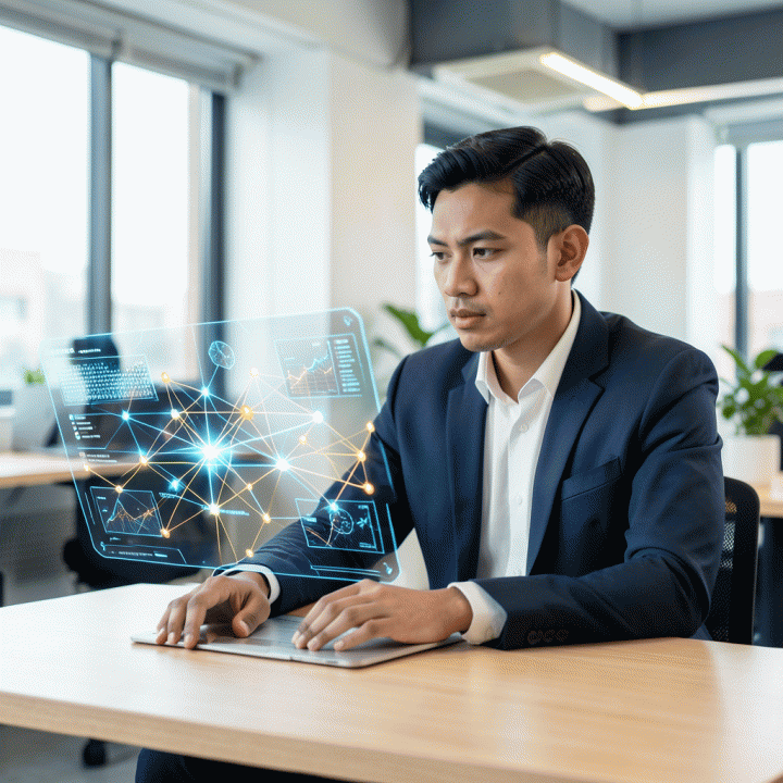 Seorang founder Indonesia modern yang bersemangat melihat diagram bisnis digital holografik yang kompleks, melambangkan transformasi ide menjadi rencana bisnis siap pakai menggunakan bantuan AI.