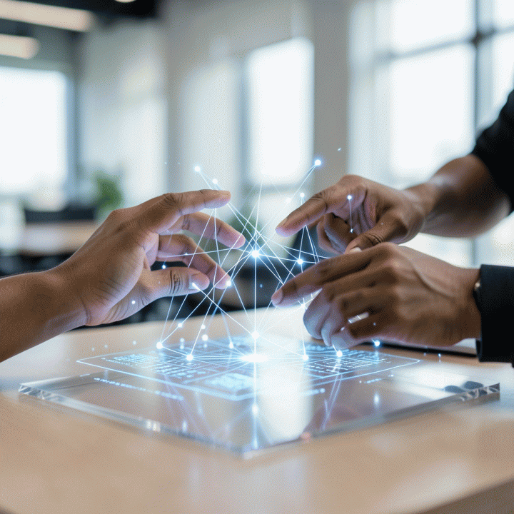 Visual tangan yang berinteraksi dengan antarmuka digital holografik, menggambarkan proses penyempurnaan dan pengorganisasian ide bisnis menggunakan asisten AI.
