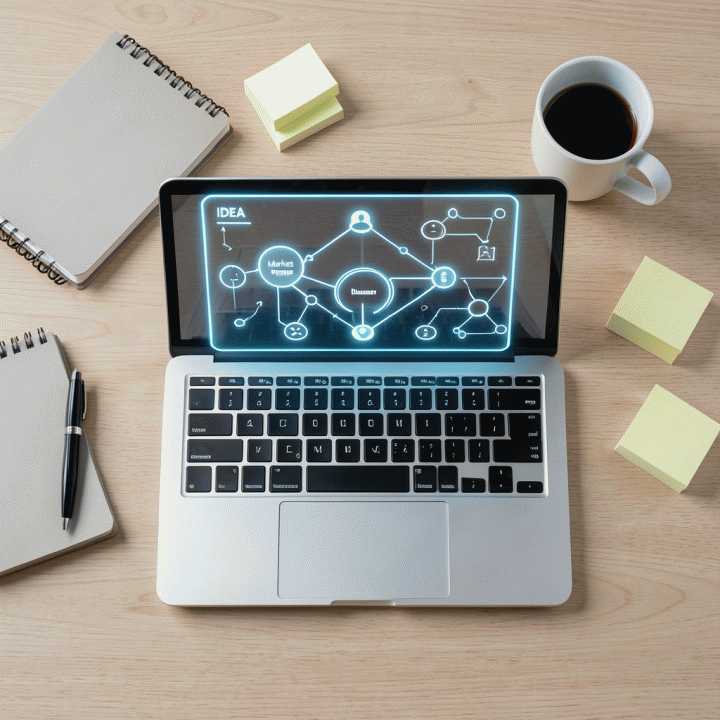 Komposisi flat lay modern yang menunjukkan ide mentah (sketsa) bertransformasi menjadi rencana bisnis digital yang terstruktur di atas layar laptop yang memancarkan cahaya hologram.