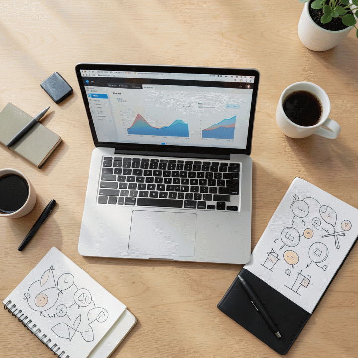 Tampilan atas (flat lay) meja kerja yang berisi laptop, buku catatan, dan alat digital modern, melambangkan perpaduan antara ide kreatif manual dan bantuan teknologi AI untuk membangun startup.