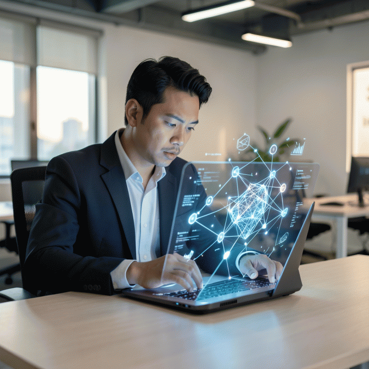 Seorang founder Indonesia yang profesional menggunakan alat futuristik di meja modern, dihadapkan pada proyeksi hologram yang menunjukkan ide-ide digital dan cetak biru bisnis yang terstruktur, melambangkan transformasi ide menjadi bisnis.