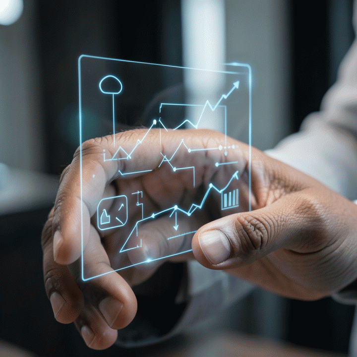 Tangan yang berinteraksi dengan antarmuka holografik transparan yang menampilkan diagram alir dan visualisasi data abstrak, menunjukkan proses riset pasar dan perencanaan bisnis menggunakan AI.