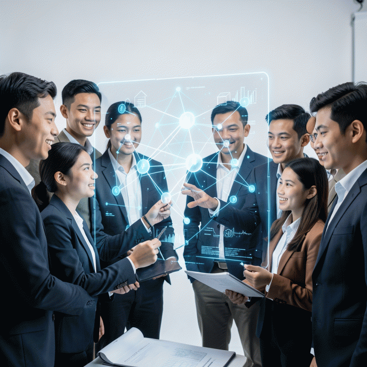 Ilustrasi futuristik yang menampilkan sekelompok profesional muda Indonesia berinteraksi dengan antarmuka hologram AI yang menunjukkan transformasi ide mentah menjadi rencana bisnis digital yang terstruktur.