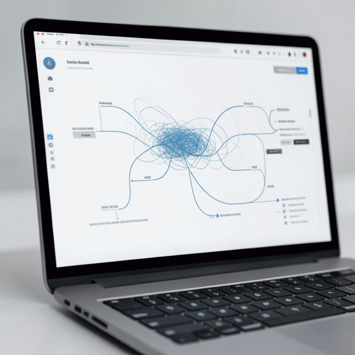 Tampilan laptop yang menunjukkan proses otomatis AI mengubah ide core menjadi model bisnis digital yang terstruktur dan rapi.