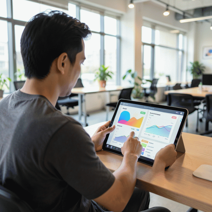 Seorang solo-preneur menggunakan tablet di co-working space, melihat visualisasi data AI yang membantu memprediksi tren dan peluang pasar.