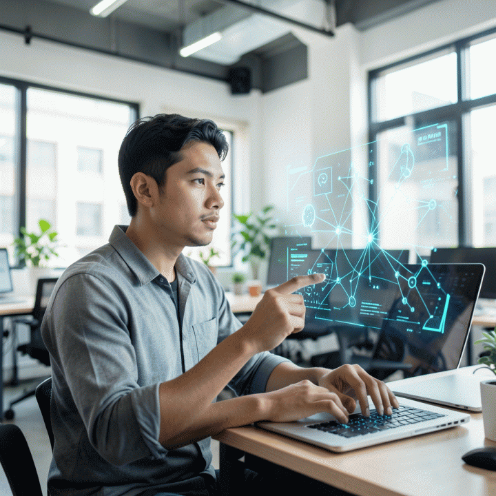 Seorang founder muda Indonesia yang bersemangat bekerja di co-working space modern, berinteraksi dengan antarmuka holografik AI yang menampilkan peta ide bisnis yang kompleks dan terstruktur.