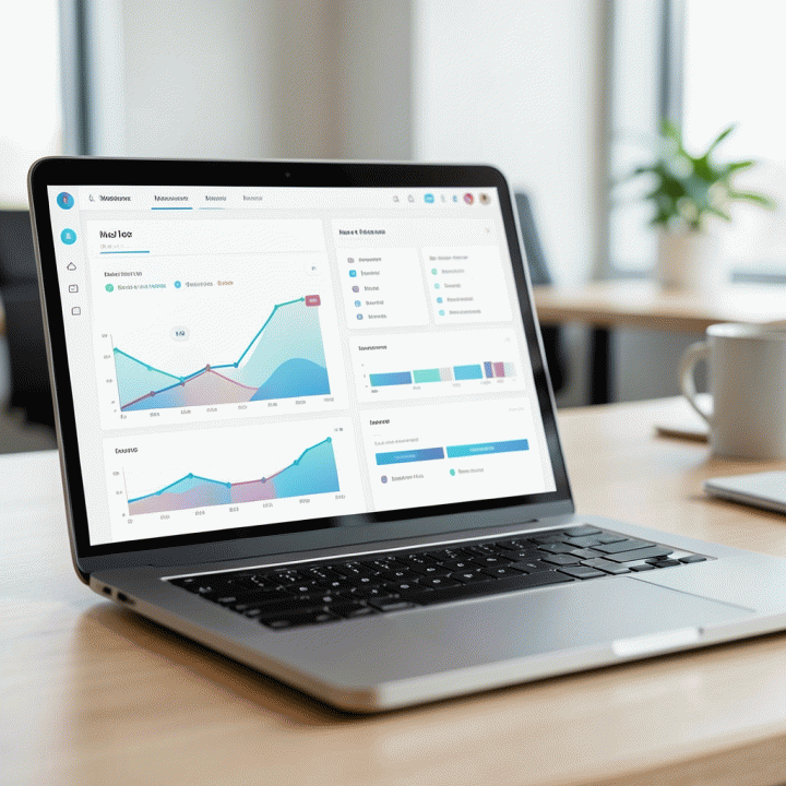 Tampilan close-up laptop yang menunjukkan dashboard perencanaan bisnis digital yang terstruktur dan visualisasi data pertumbuhan, tanpa teks yang terbaca.