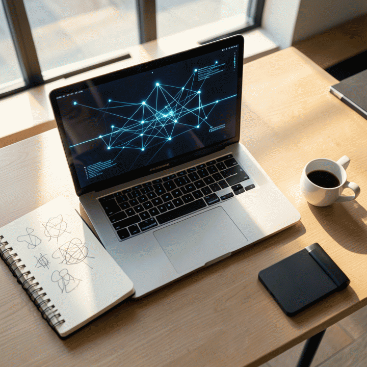 Meja kerja modern dengan laptop yang menampilkan data abstrak bercahaya, melambangkan proses mengubah ide mentah menjadi rencana bisnis digital yang terstruktur menggunakan kecerdasan buatan.